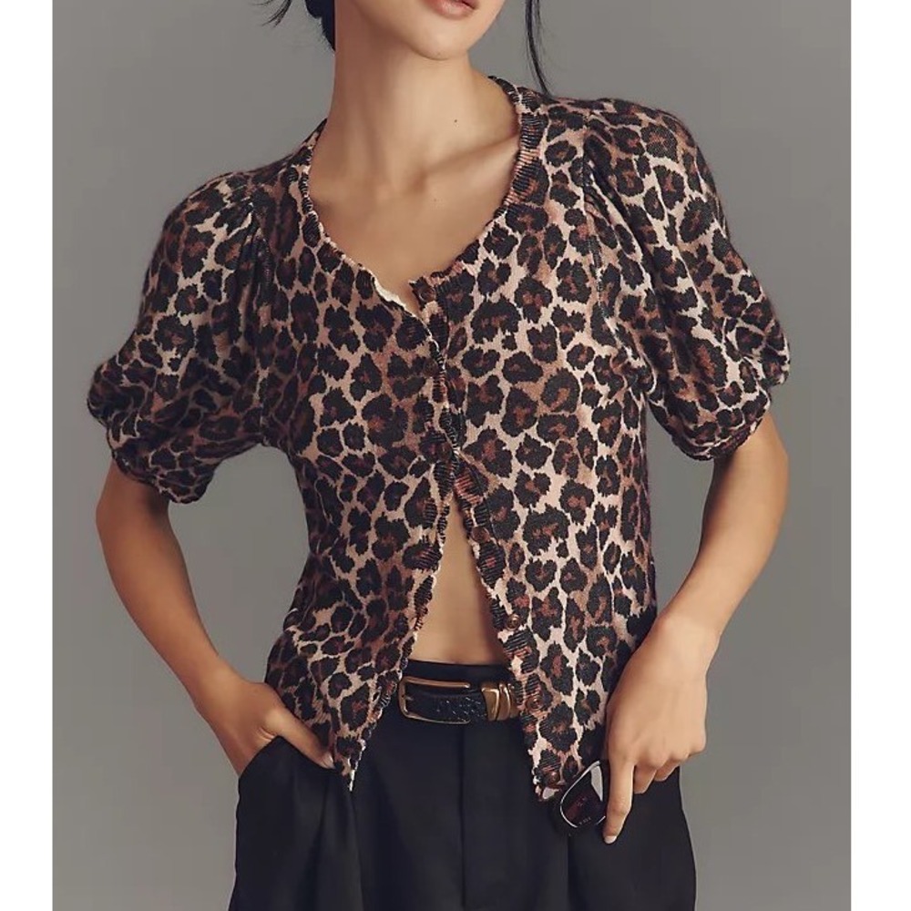 Anthropologie Maeve Puff Sleeve Cashmere Cardigan Sweater in Leopard - XSmall